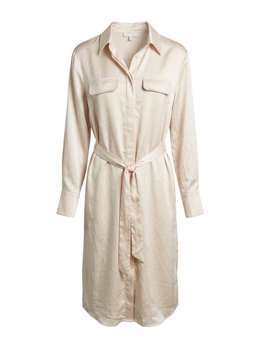 HYFVE / Champagne Shirt Dress / Belted / MIDI / Satin / L / NWT / 21” $80
